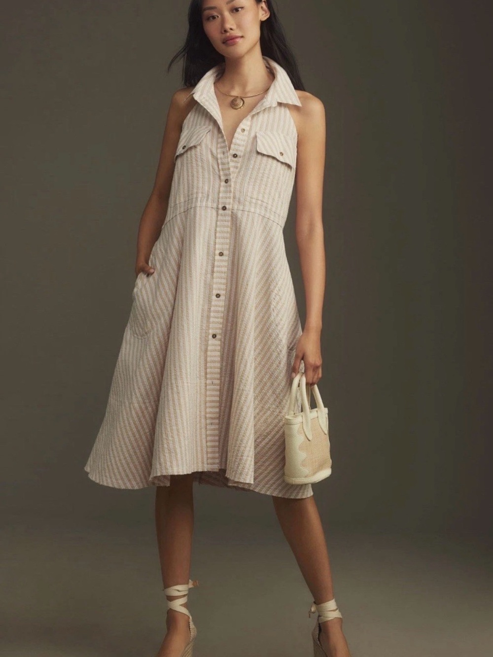 Pilcro Sleeveless Button-Front Midi Dress in Cream and Light Pink Stripe